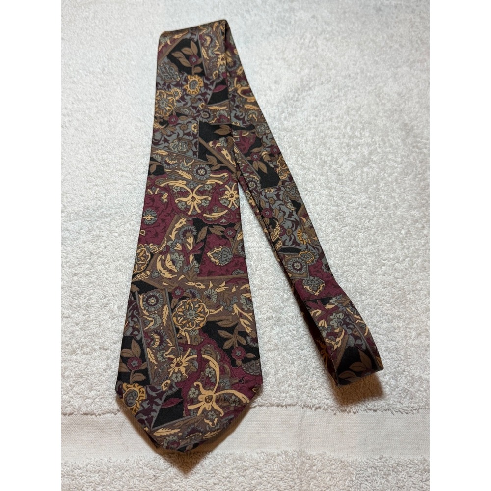 Thai Silk Mens Necktie Burgundy Gold Floral Paisley Hand Made 100% Silk Tie